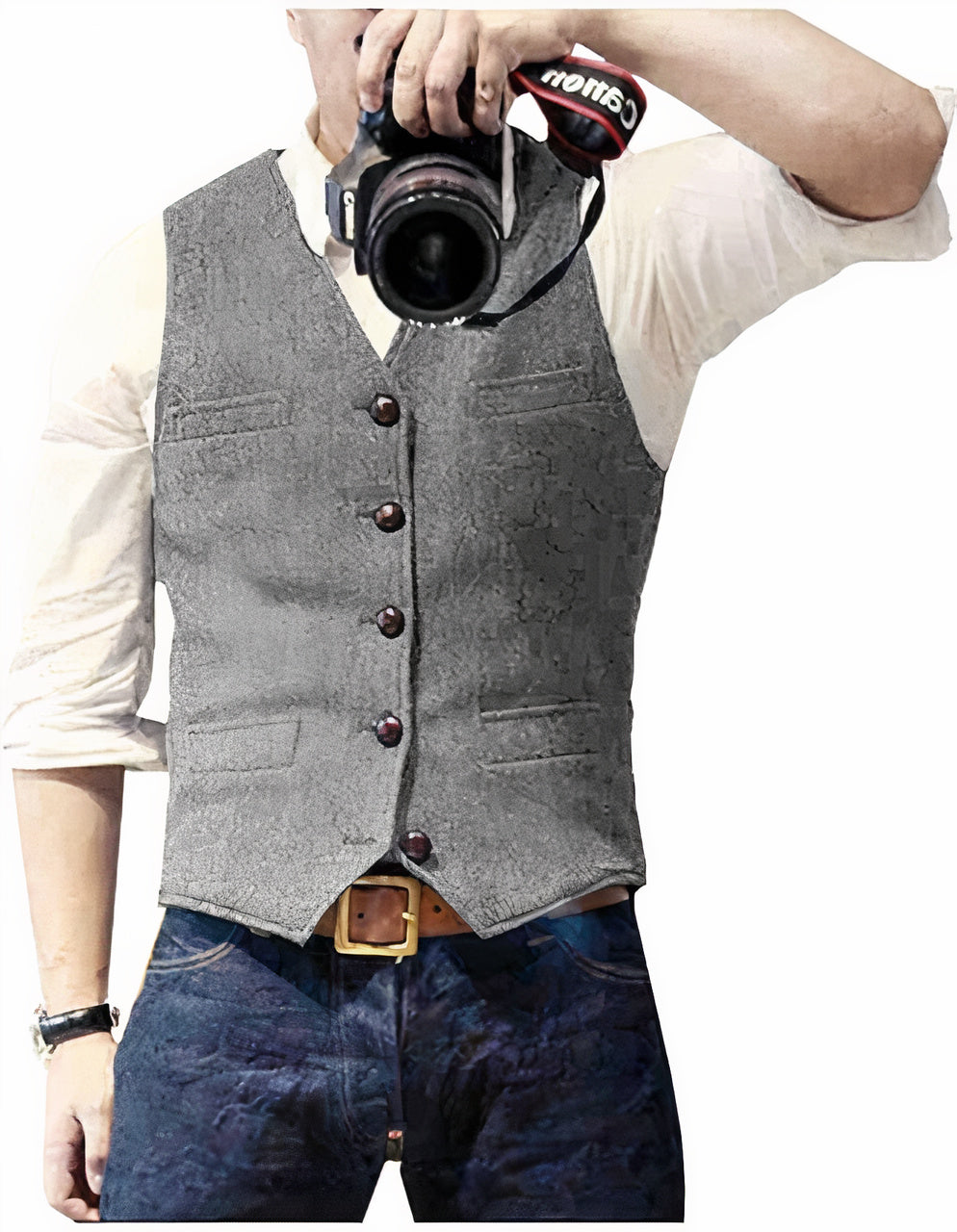 Vintage Denim Waistcoat with V-Neck and Button Front