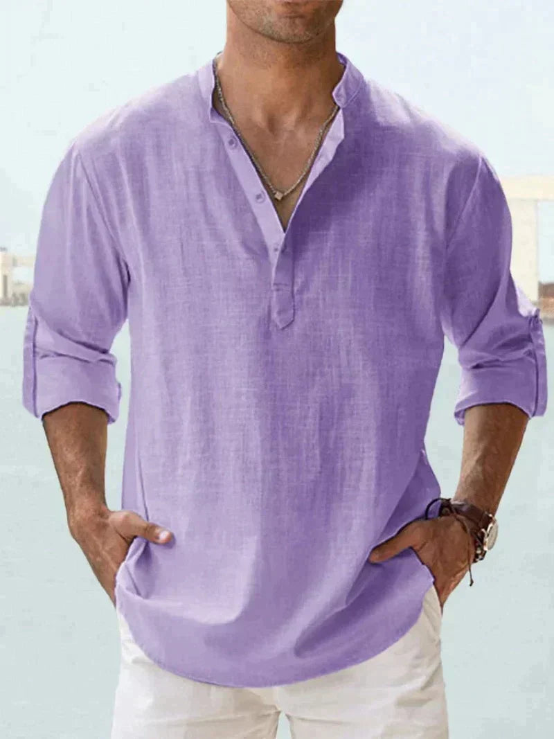 Linen Blend Long Sleeve Popover Shirt with Open Collar