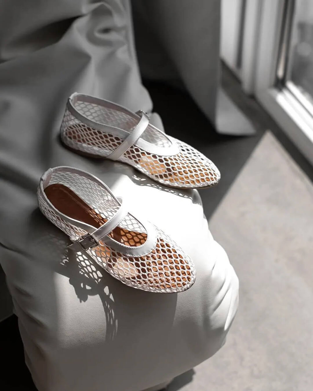 Mesh Mary Jane Flats with Buckle Strap Detail
