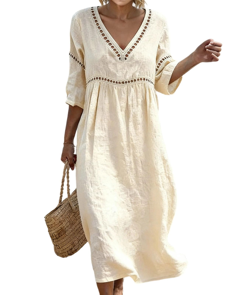 Linen Midi Dress with Hollow Out Trim and Flared Sleeves