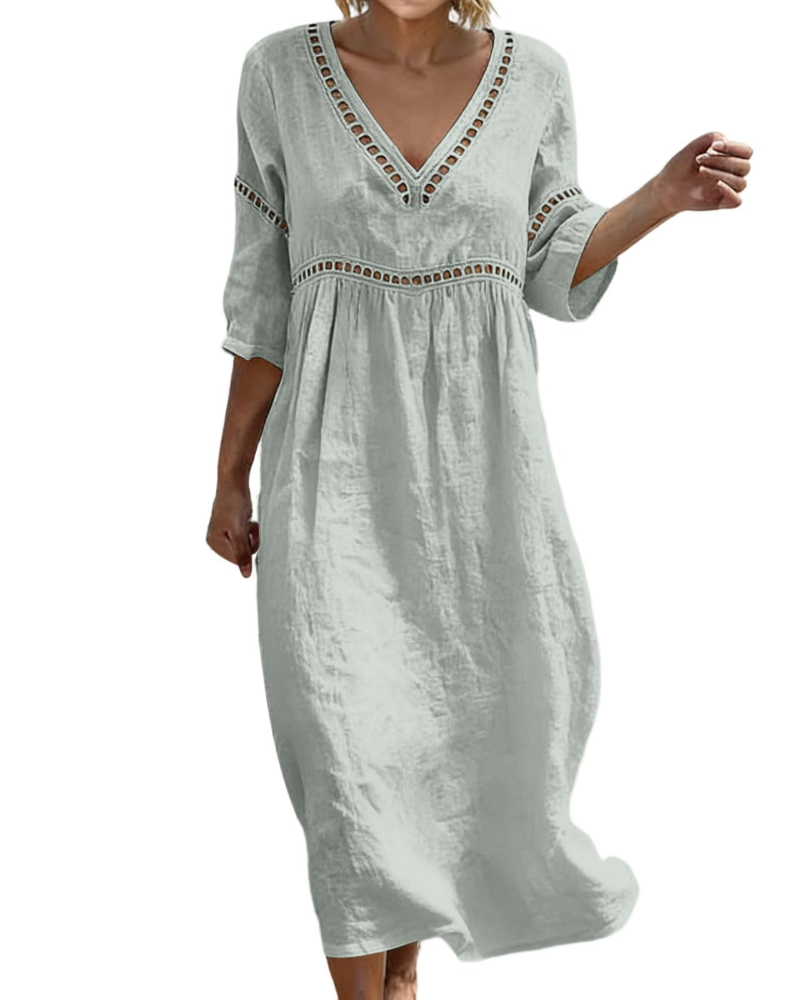 Linen Midi Dress with Hollow Out Trim and Flared Sleeves