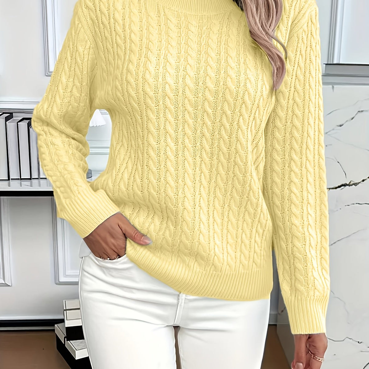 Women's Classic Cable Knit Mock Neck Jumper