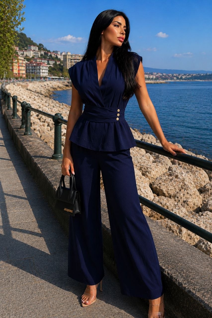 Tailored Wrap Peplum Top and Wide Leg Trouser Set