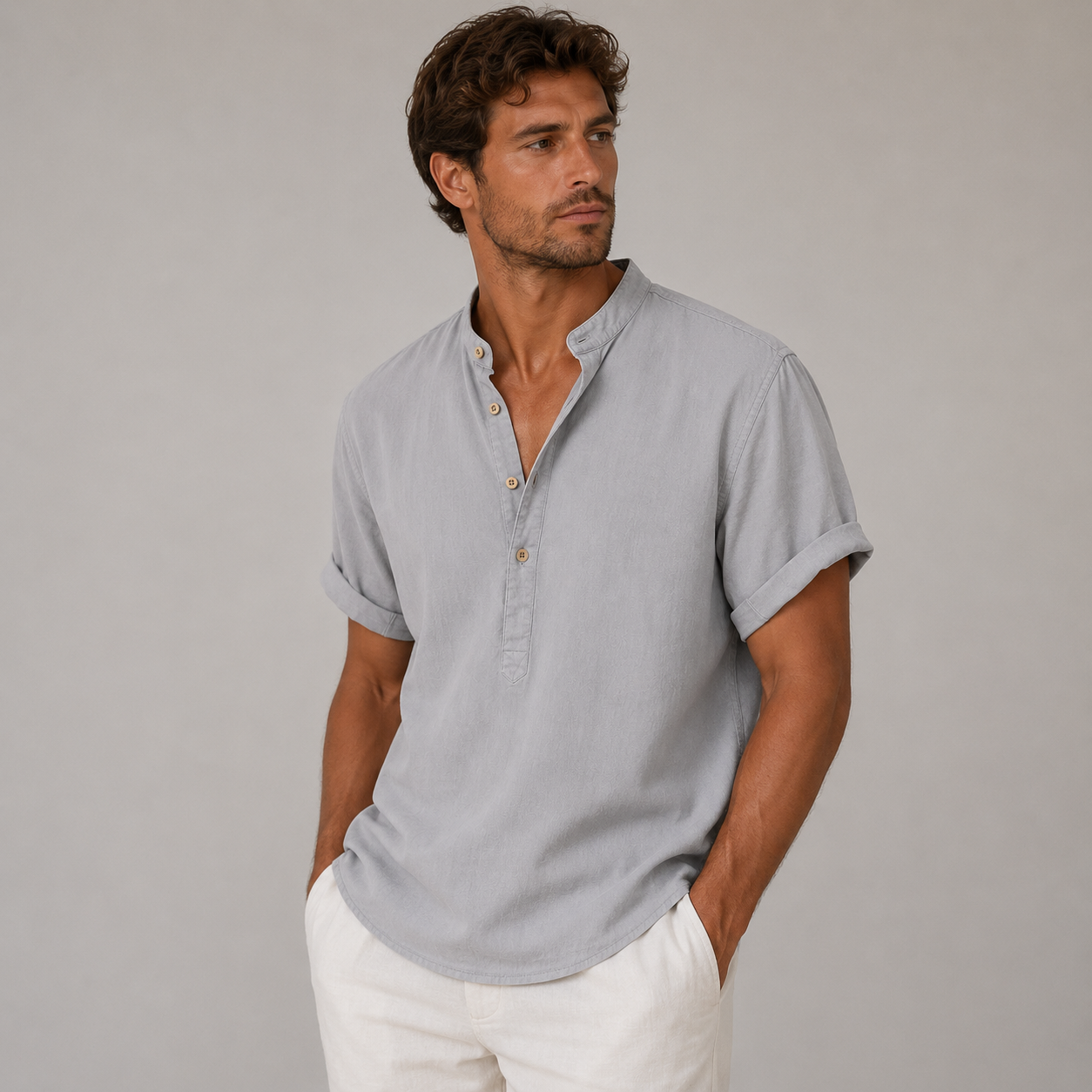 Chemise Henley en lin à manches courtes avec col officier