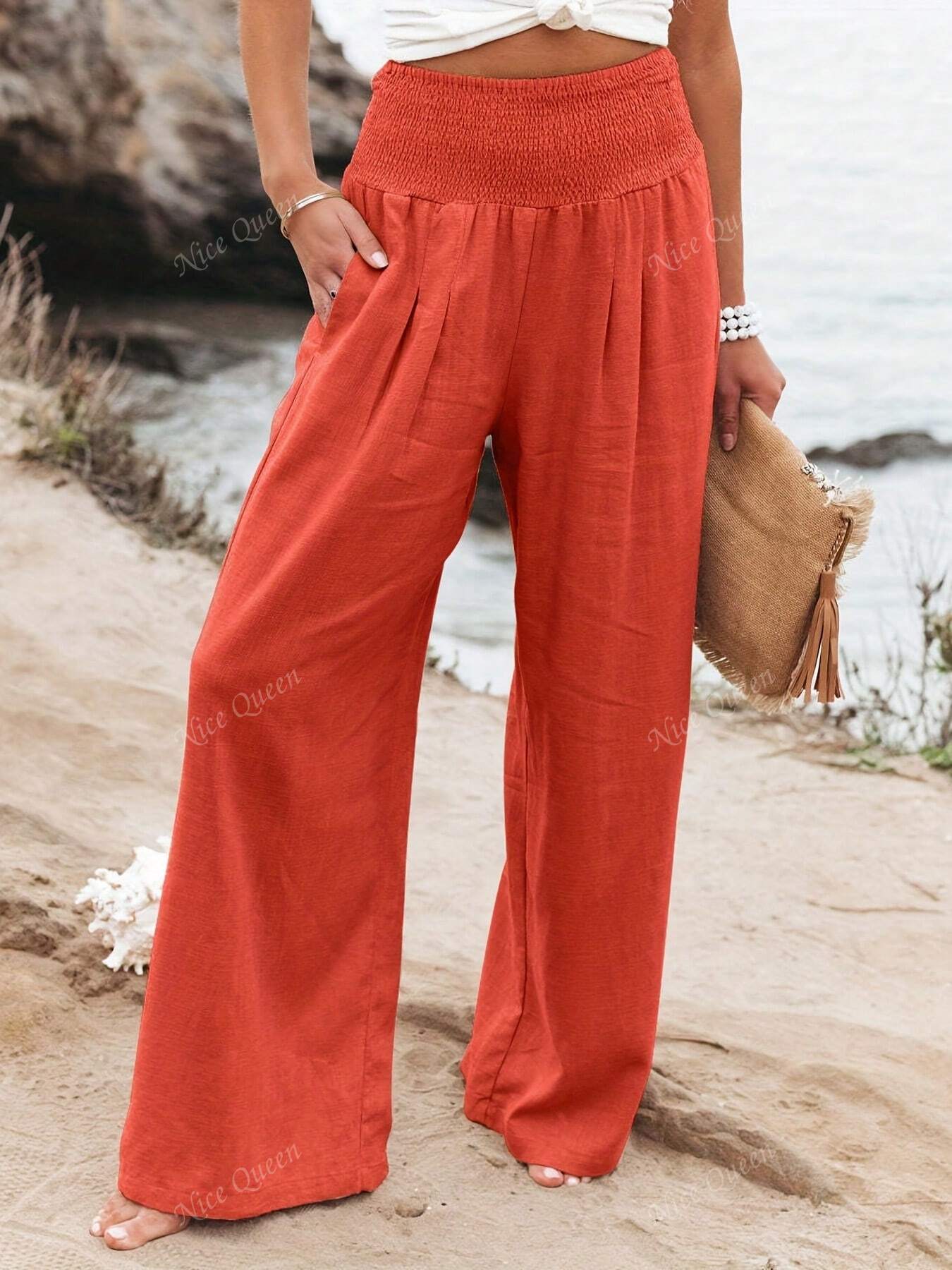 Smocked High Waist Wide Leg Linen Blend Trousers