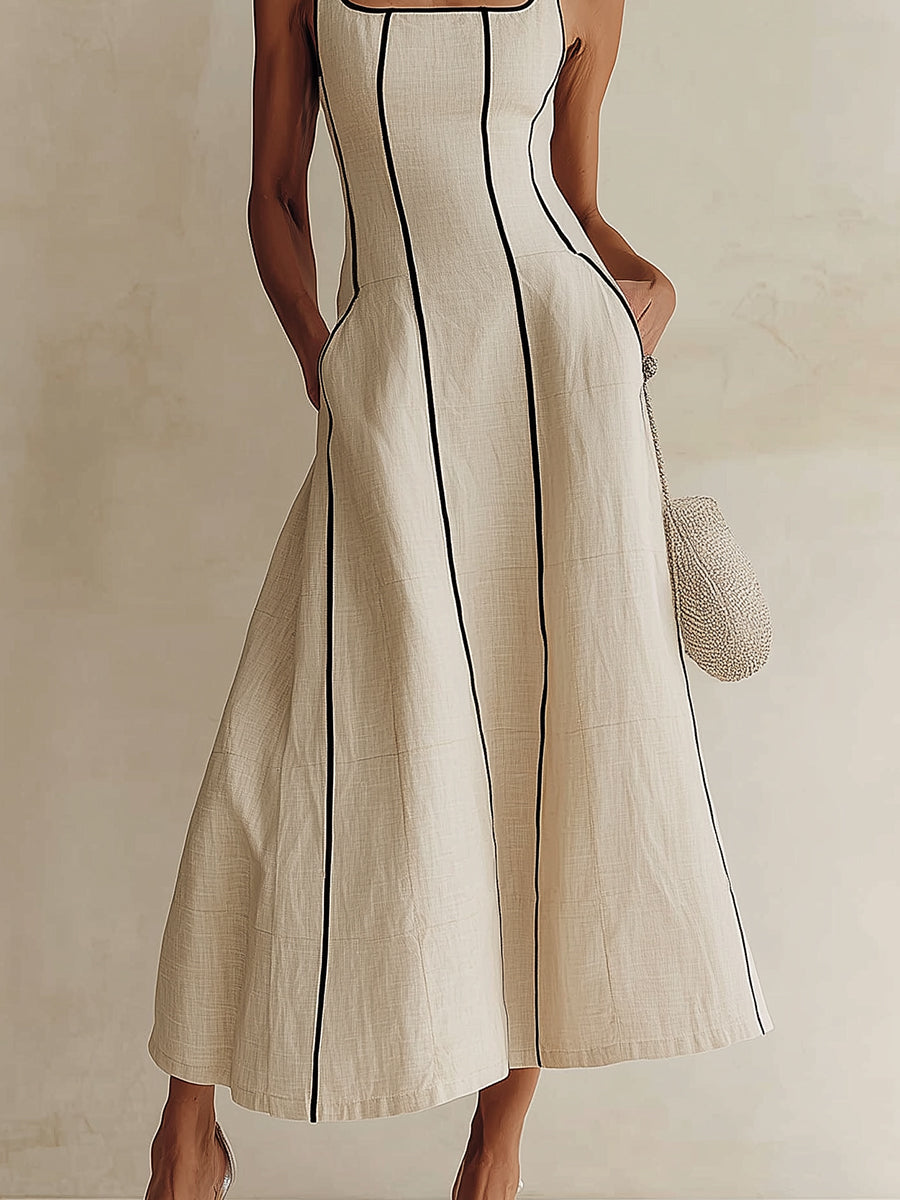 Contrast Piping Square Neck Fit-and-Flare Midi Dress