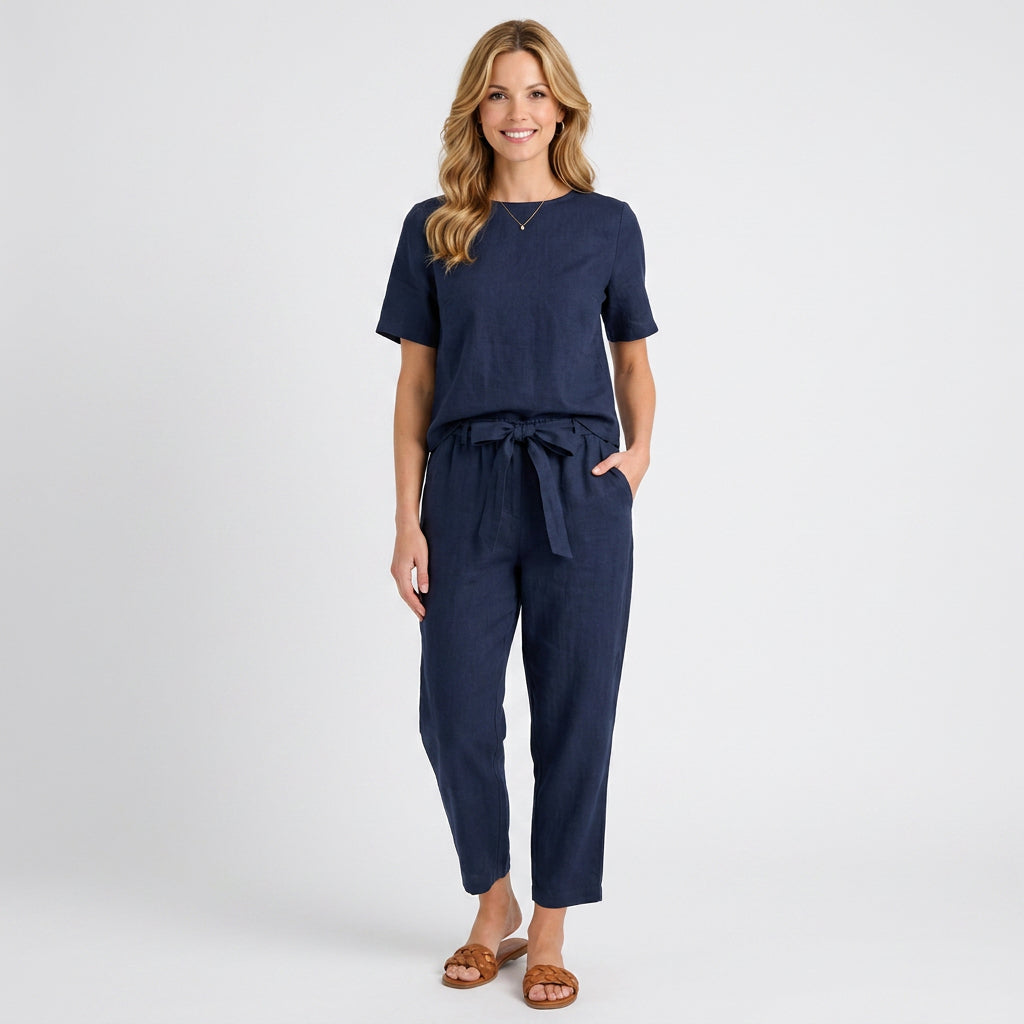 Linen Blend Tie-Waist Top and Trouser Set