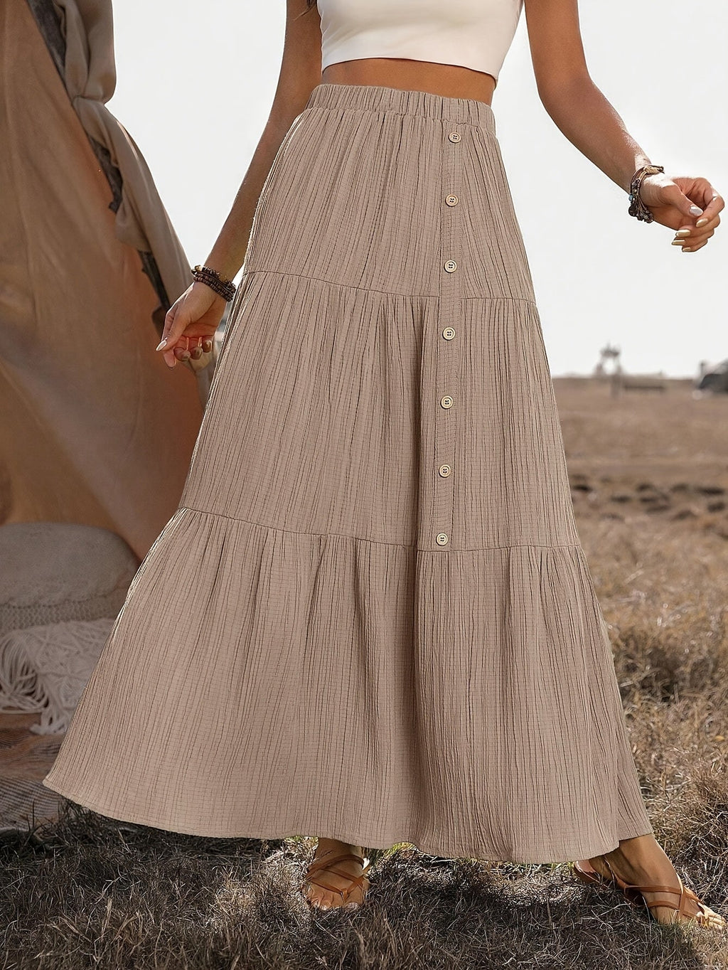 Tiered Boho Maxi Skirt with Button Front Detail