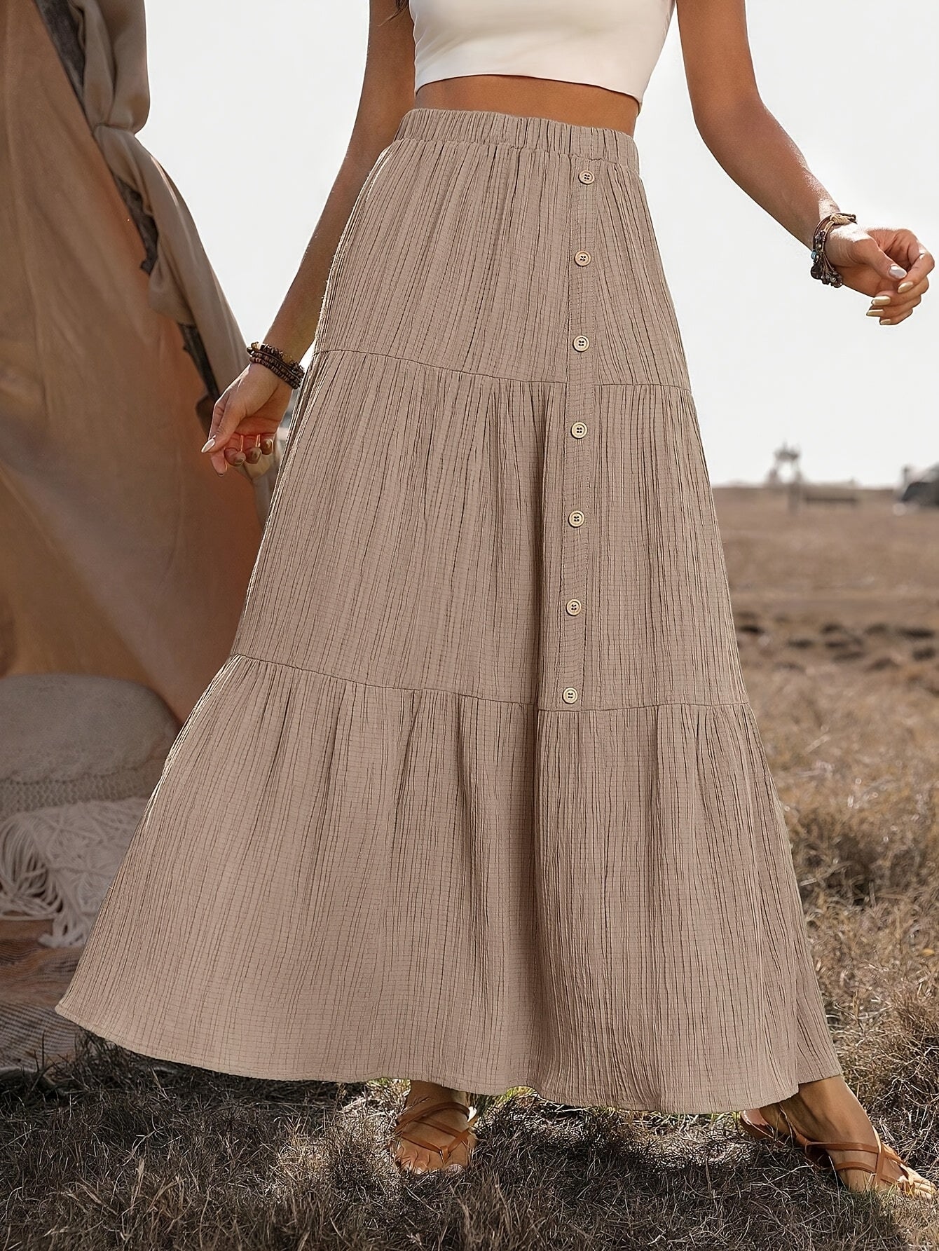 Tiered Boho Maxi Skirt with Button Front Detail