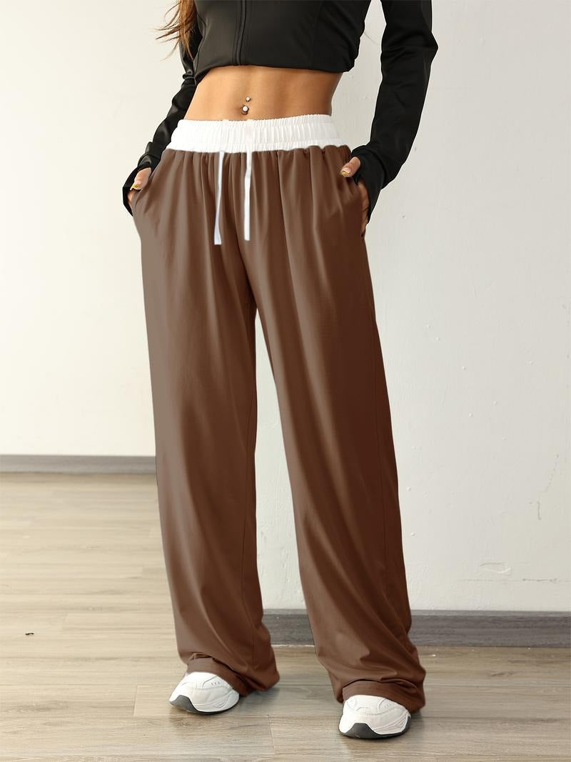 Contrast Waistband Wide Leg Sweatpants with Drawstring
