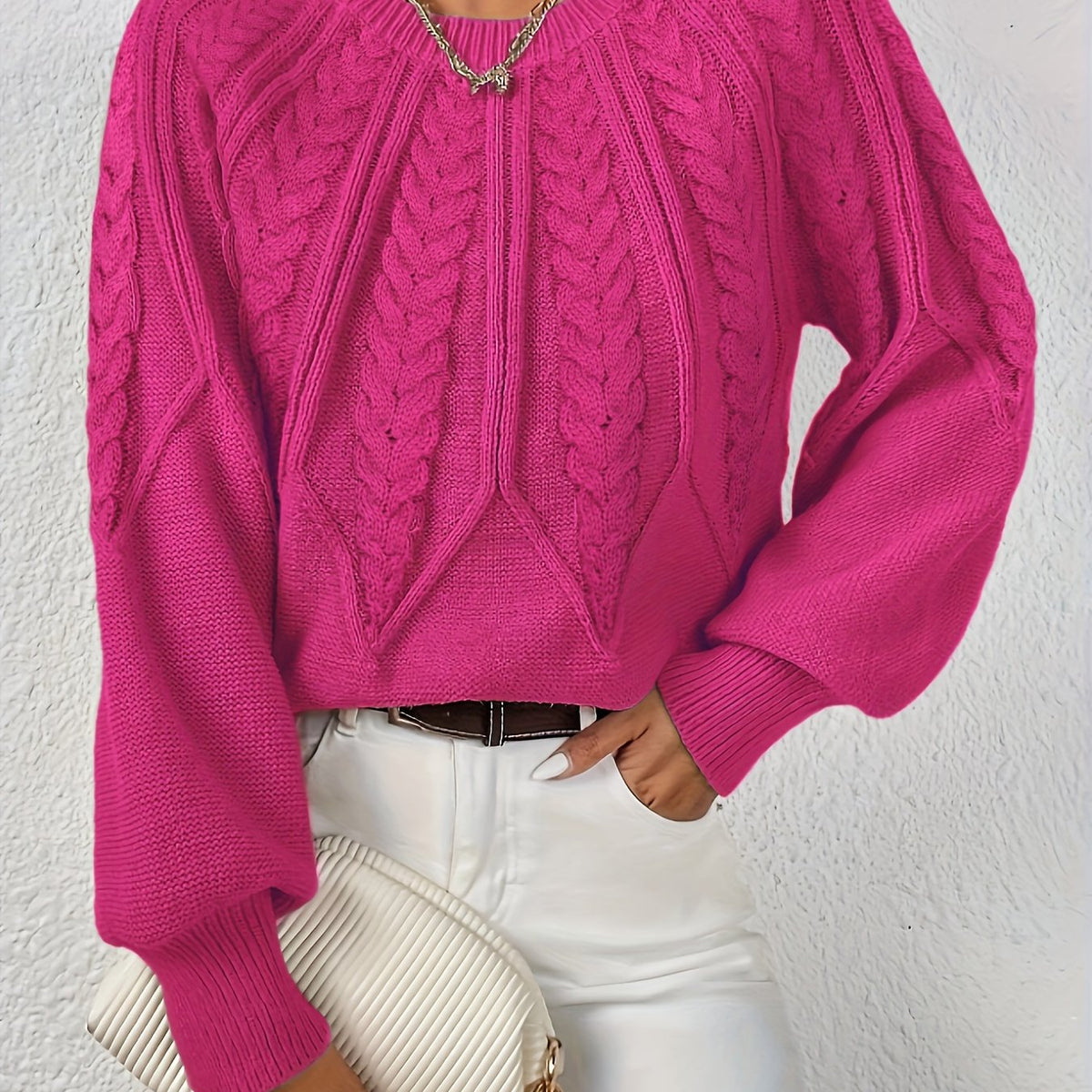 Women's Cable Knit Balloon Sleeve Cropped Jumper