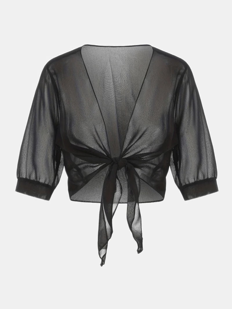 Sheer Tie-Front Cropped Chiffon Cardigan