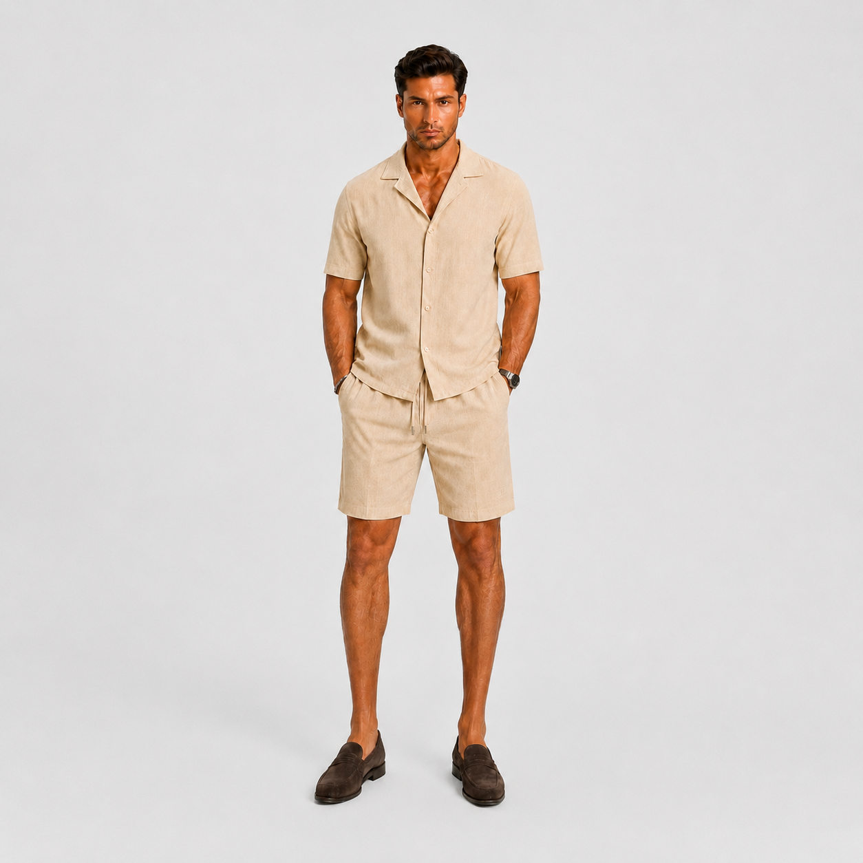 Textured Camp Collar Shirt and Shorts Two Piece Set
