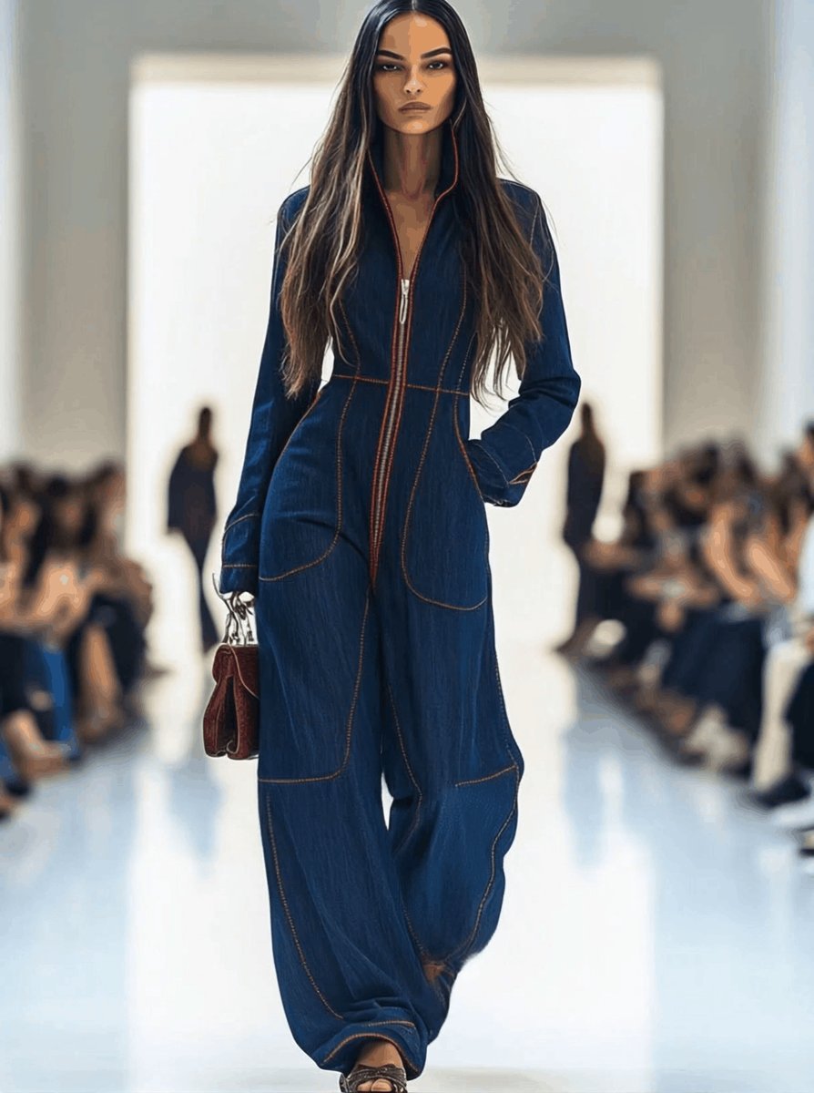 Denim Wide Leg Jumpsuit with Contrast Stitch Front Zip