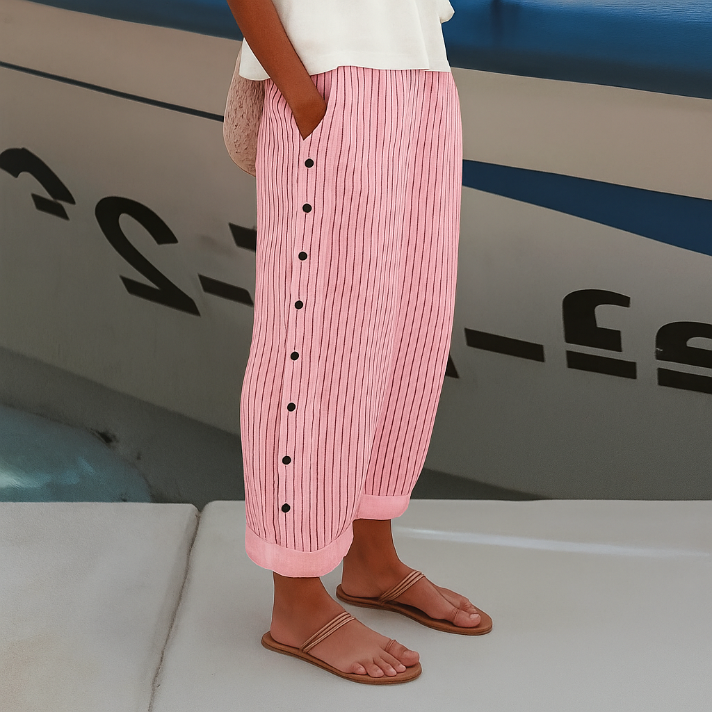 Pantalon large raccourci rayé, avec bordure de boutons