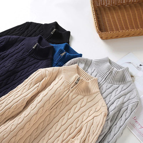 Men's cable knit half-zip mock neck sweater with long sleeves and ribbed trims