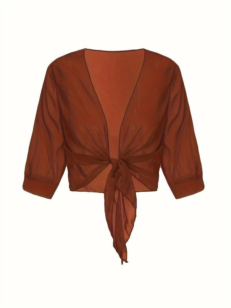 Sheer Tie-Front Cropped Chiffon Cardigan