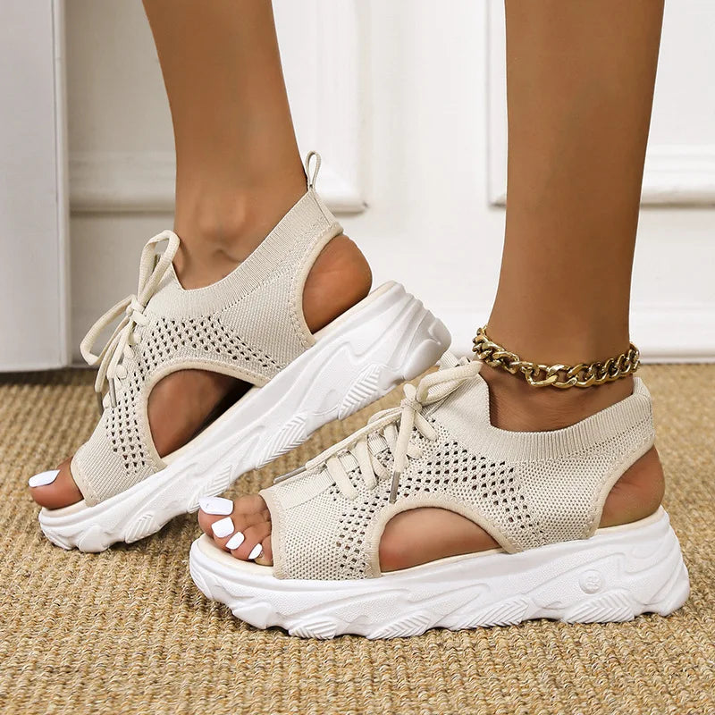 Knit Lace-Up Open Toe Platform Trainer Sandals