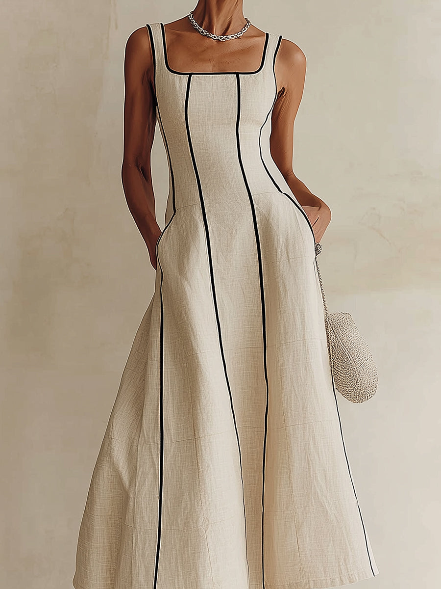Contrast Piping Square Neck Fit-and-Flare Midi Dress