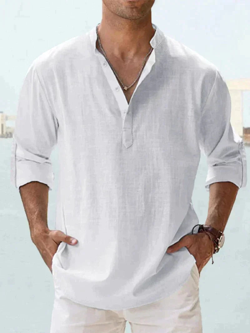 Linen Blend Long Sleeve Popover Shirt with Open Collar