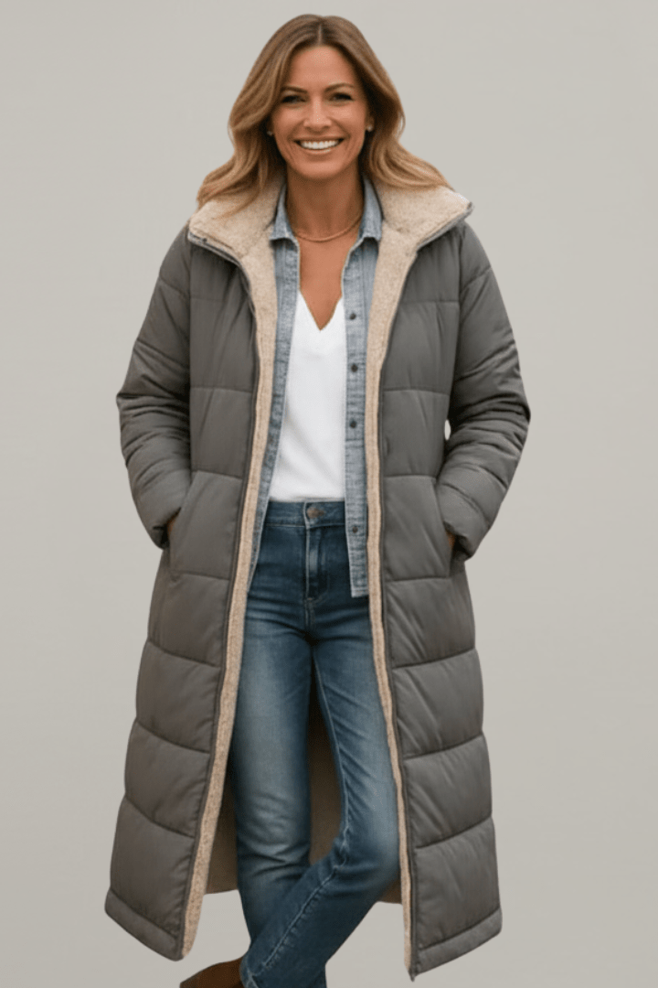 Women's Long Puffer Coat with Faux Shearling Trim