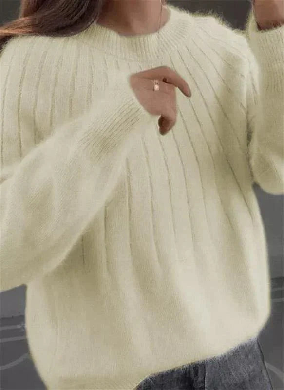 Women's Ribbed Fuzzy Knit Sweater with Round Neck
