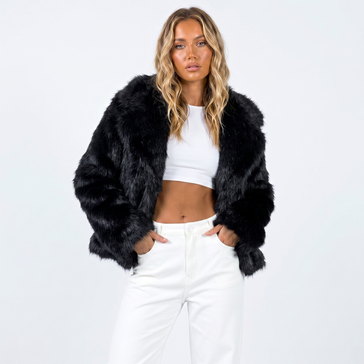 Women's Cropped Faux Fur Open Front Jacket