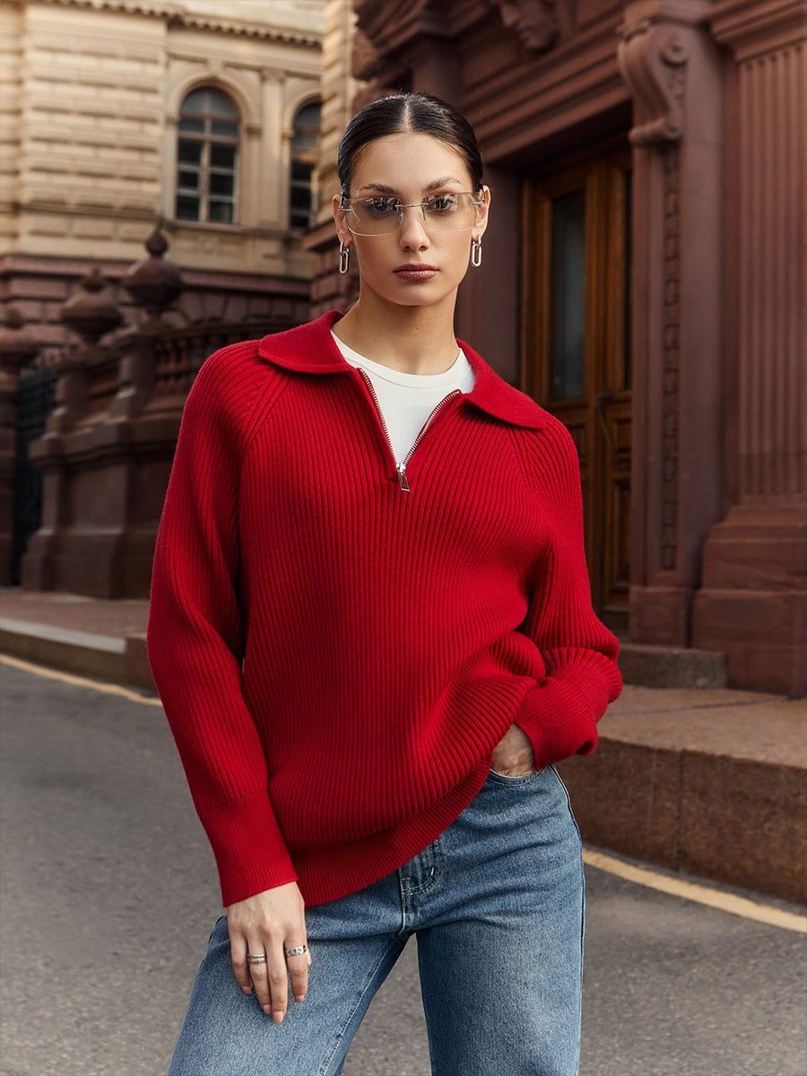 Women's Ribbed Half-Zip Collared Knit Sweater
