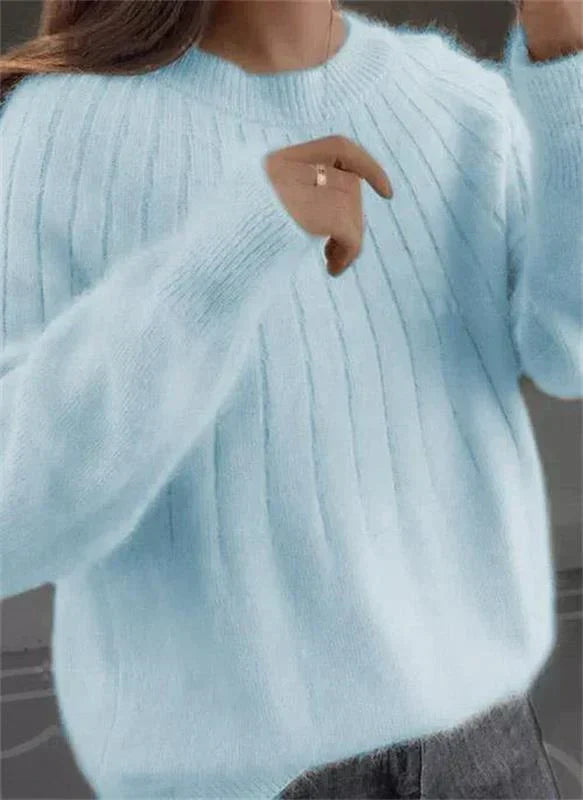 Women's Ribbed Fuzzy Knit Sweater with Round Neck