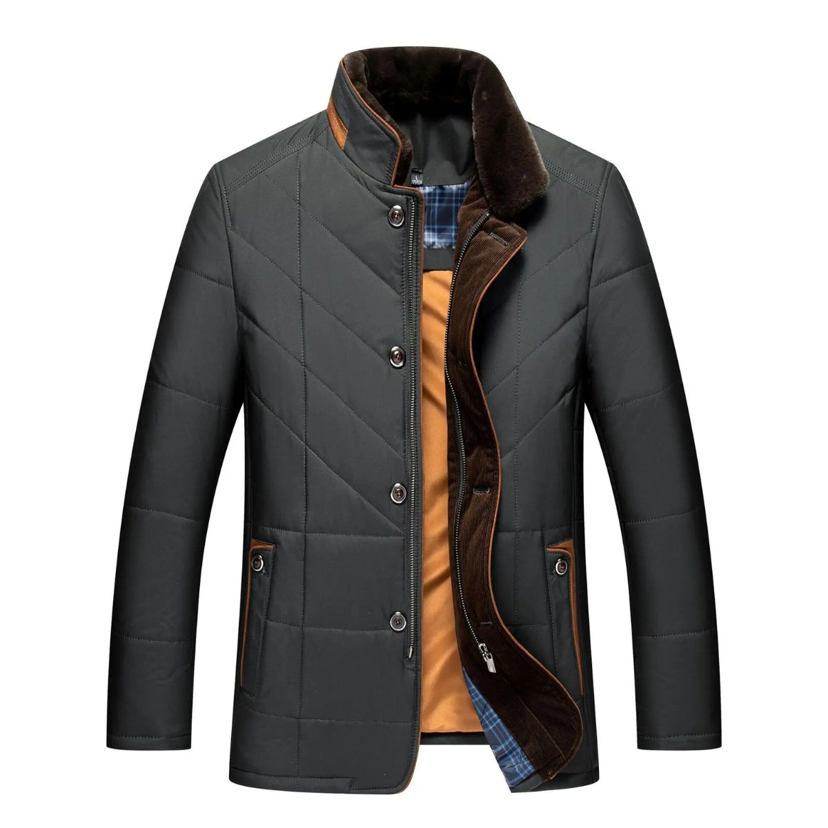 Men's Quilted Padded Jacket with Faux Fur Collar