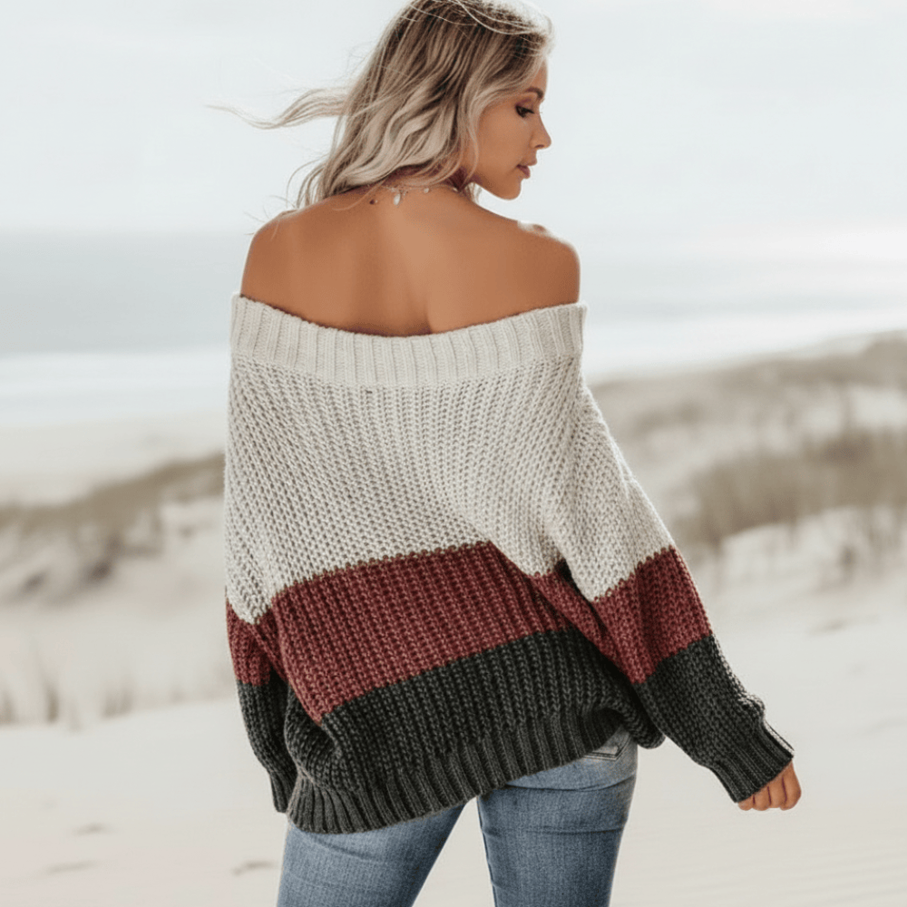 Pull épais en maille pour femme à épaules dénudées et blocs de couleurs