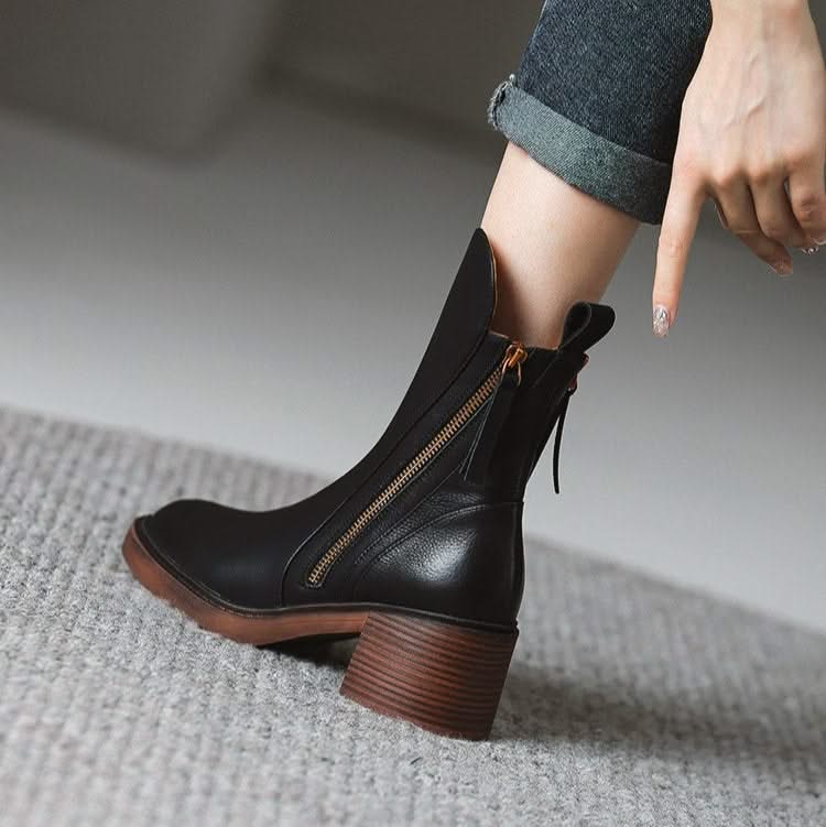 Women's Zip-Up Block Heel Ankle Boots with Tassel