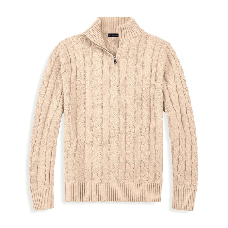 Men's cable knit half-zip mock neck sweater with long sleeves and ribbed trims