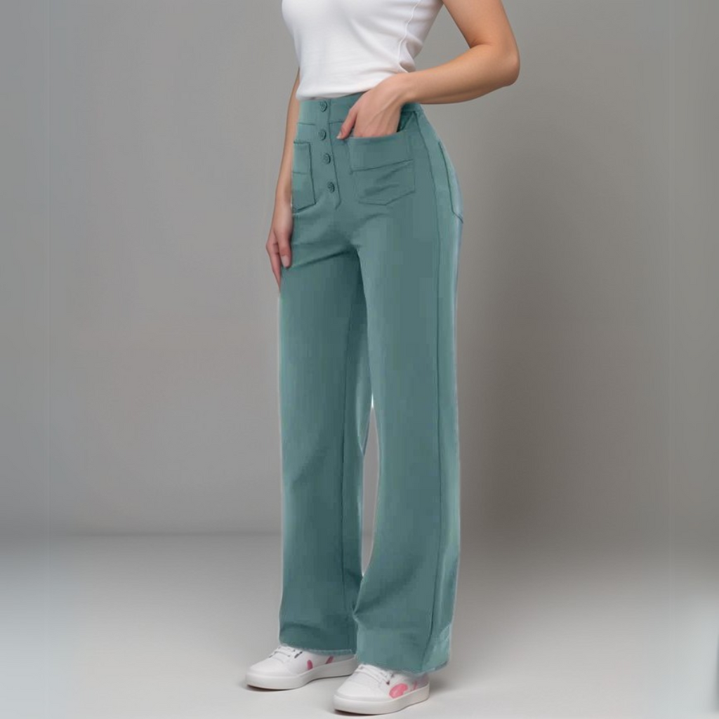 High-Waisted Wide Leg Trousers with Button Front