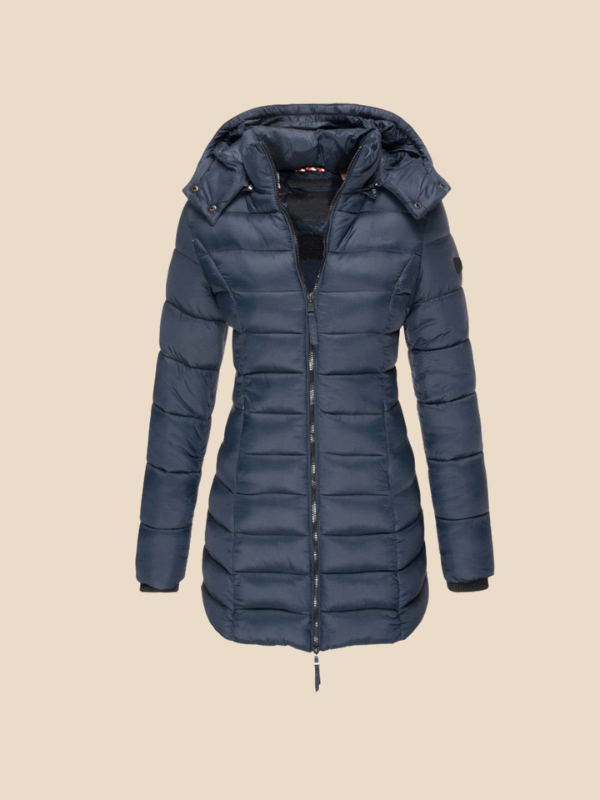 Women's hooded navy quilted longline puffer coat with zip front and angled zip pockets