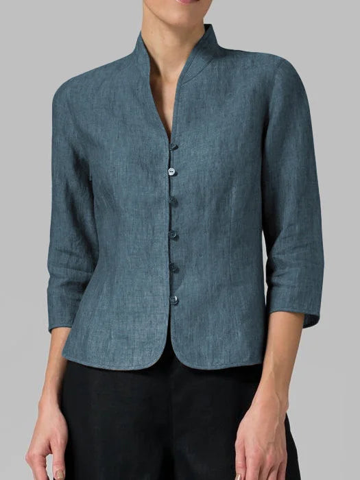 Women's Fitted Textured Blouse with Stand Collar