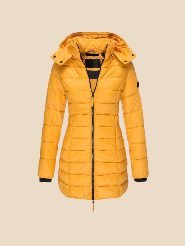 Women's hooded navy quilted longline puffer coat with zip front and angled zip pockets