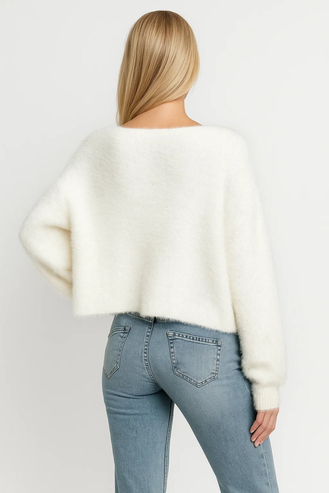 Women's Pearl-Accented Fluffy Knit Open Cardigan