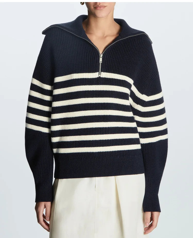 Women's Striped Half-Zip Collared Knit Sweater