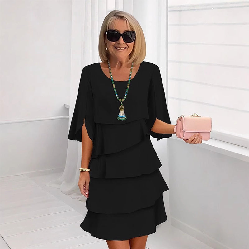 Women's Tiered Ruffle Round Neck Fit and Flare Dress
