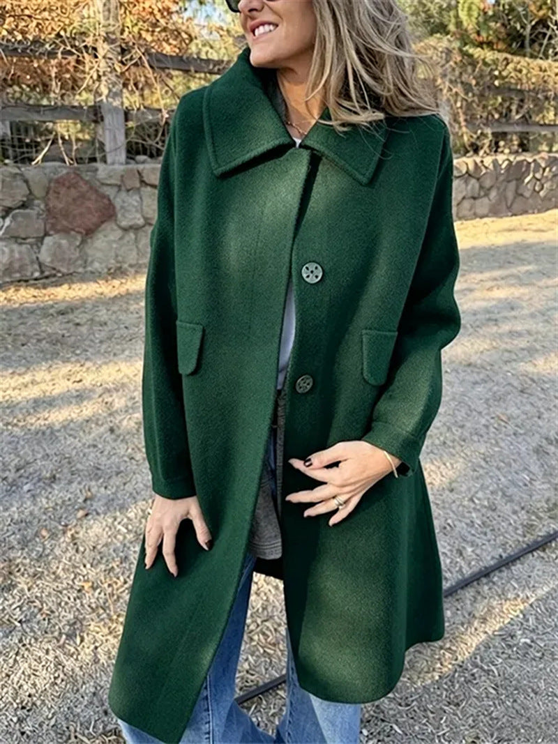 Women's Longline Coat with Flap Pockets and Point Collar