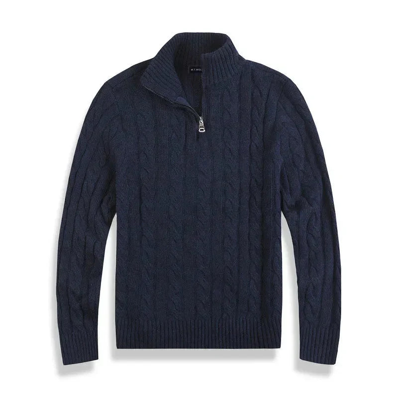 Men's cable knit half-zip mock neck sweater with long sleeves and ribbed trims