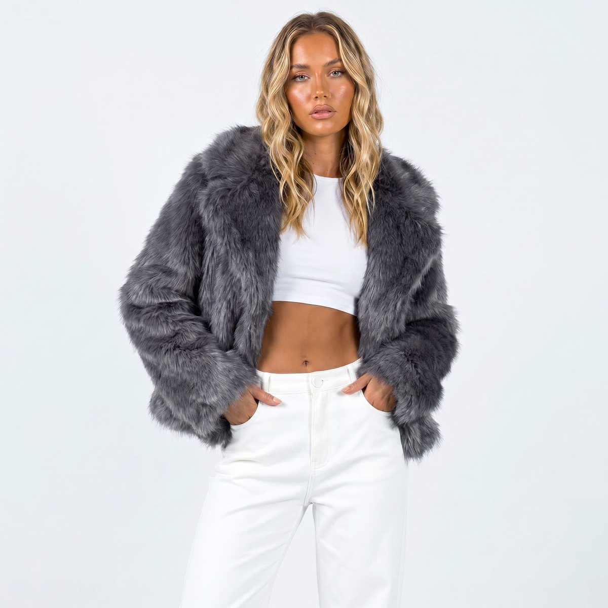 Women's Cropped Faux Fur Open Front Jacket