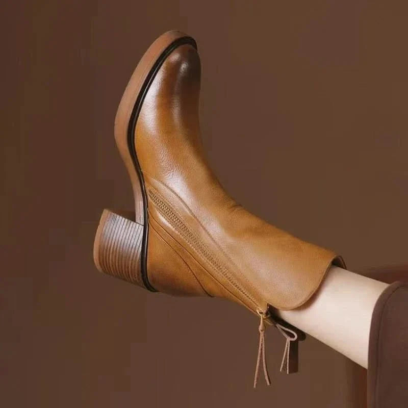Women's Zip-Up Block Heel Ankle Boots with Tassel