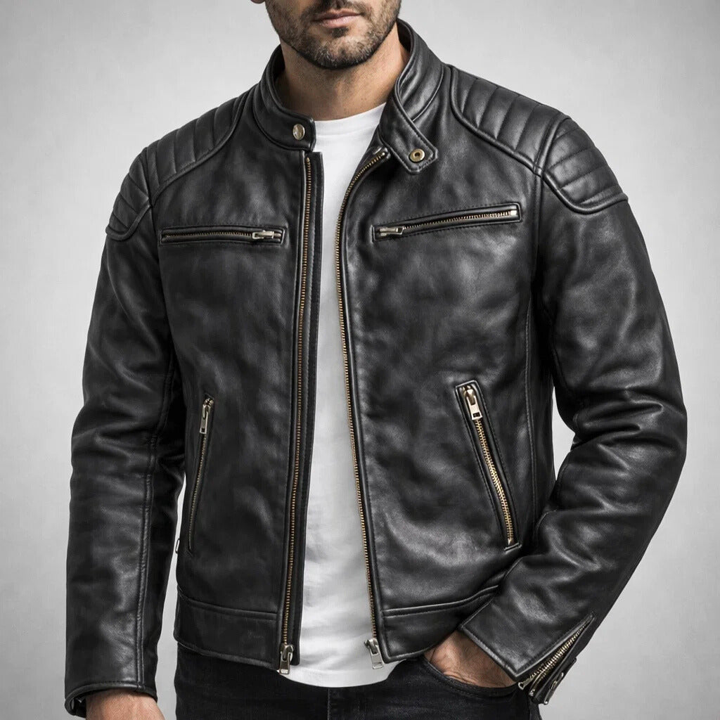 Men's Quilted Shoulder Faux Leather Racer Jacket
