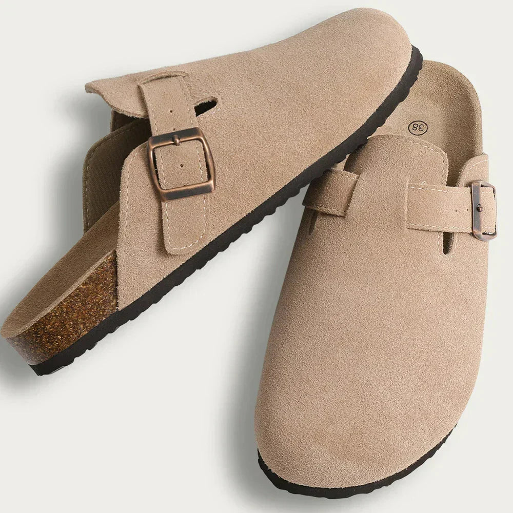 Suede Closed-Toe Clog Mules with Cork Footbed