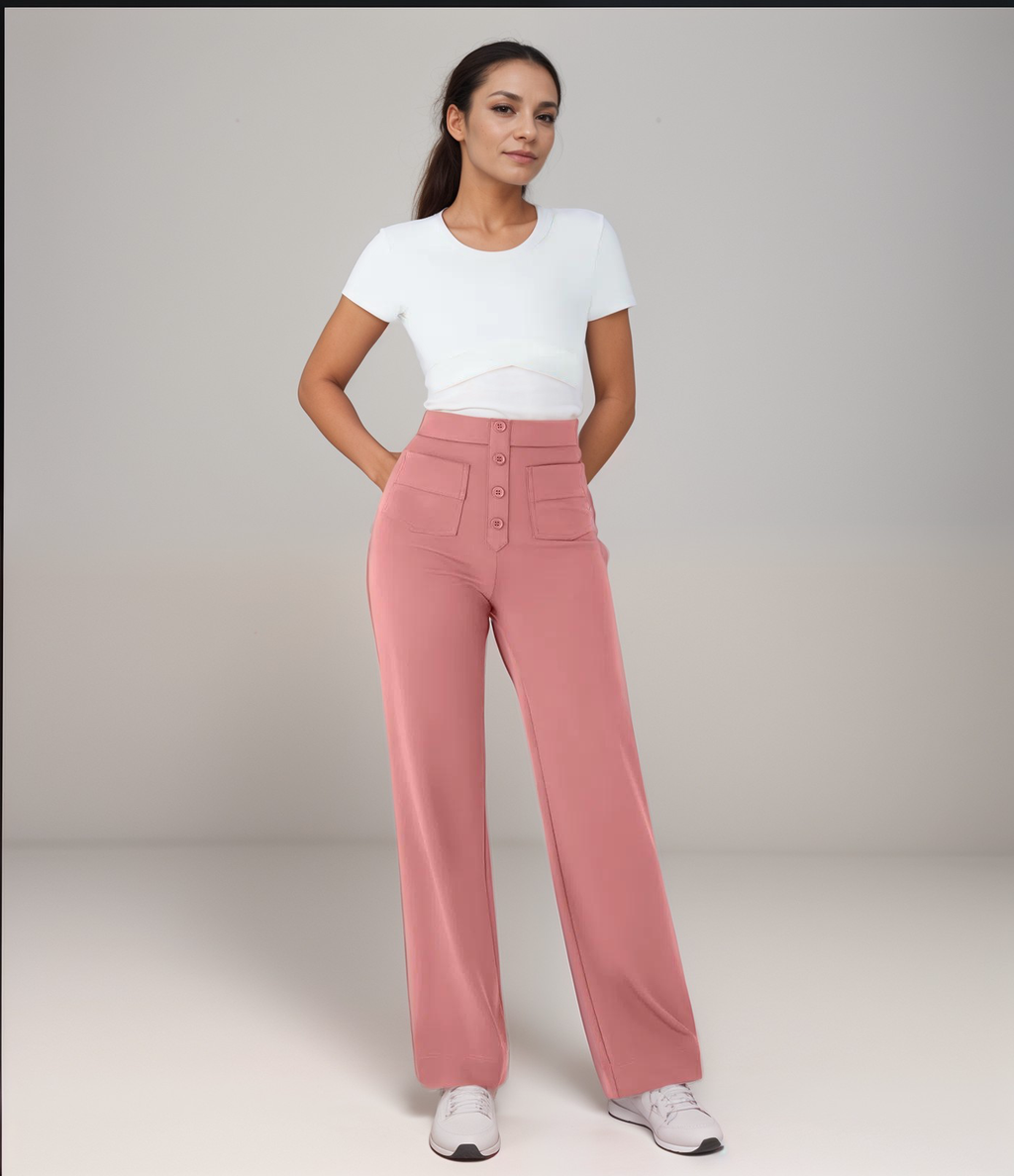 High-Waisted Wide Leg Trousers with Button Front