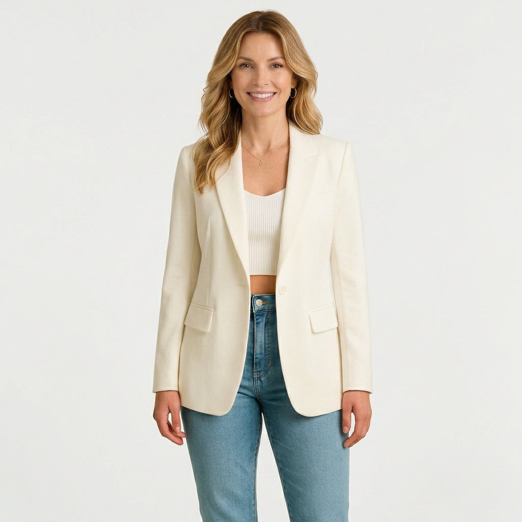 Women’s Single Button Tailored Blazer – Notched Lapel Longline Style