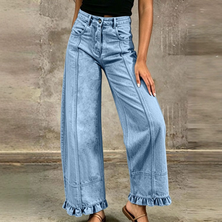 Women's Wide Leg Jeans with Ruffle Hem Detail