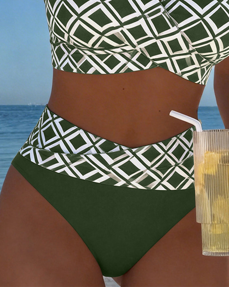 Ensemble bikini pour femme à imprimé géométrique, col en V et taille haute